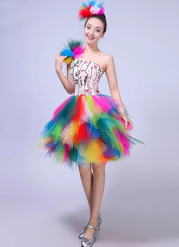 Girls Stage Party Colorful Tutu Dress Off Shoulder Samba  Short Dresses